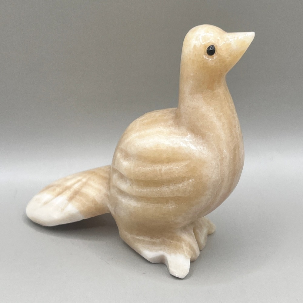Vtg Hand Carved Onyx Stone Bird Figurine Tan Cream Banded Alabaster 3.25"